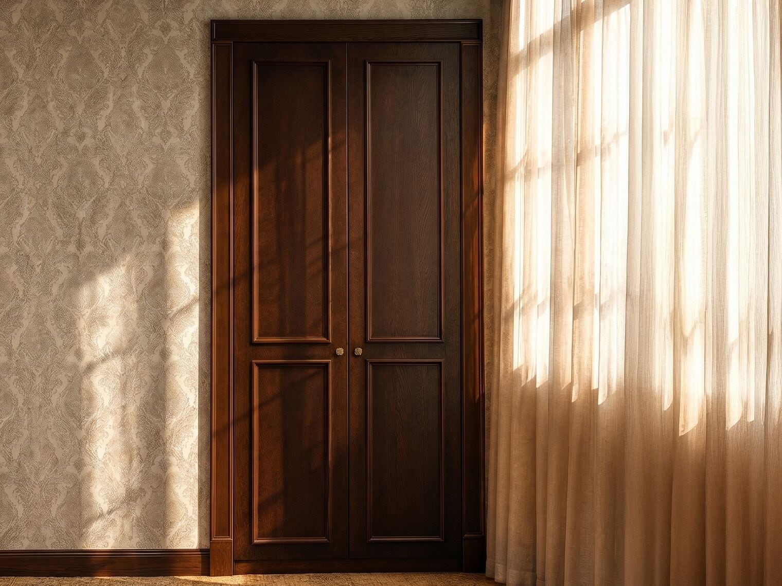 A closed wooden door with a panel design, a patterned wallpaper, and a sheer curtain partially drawn to the side.