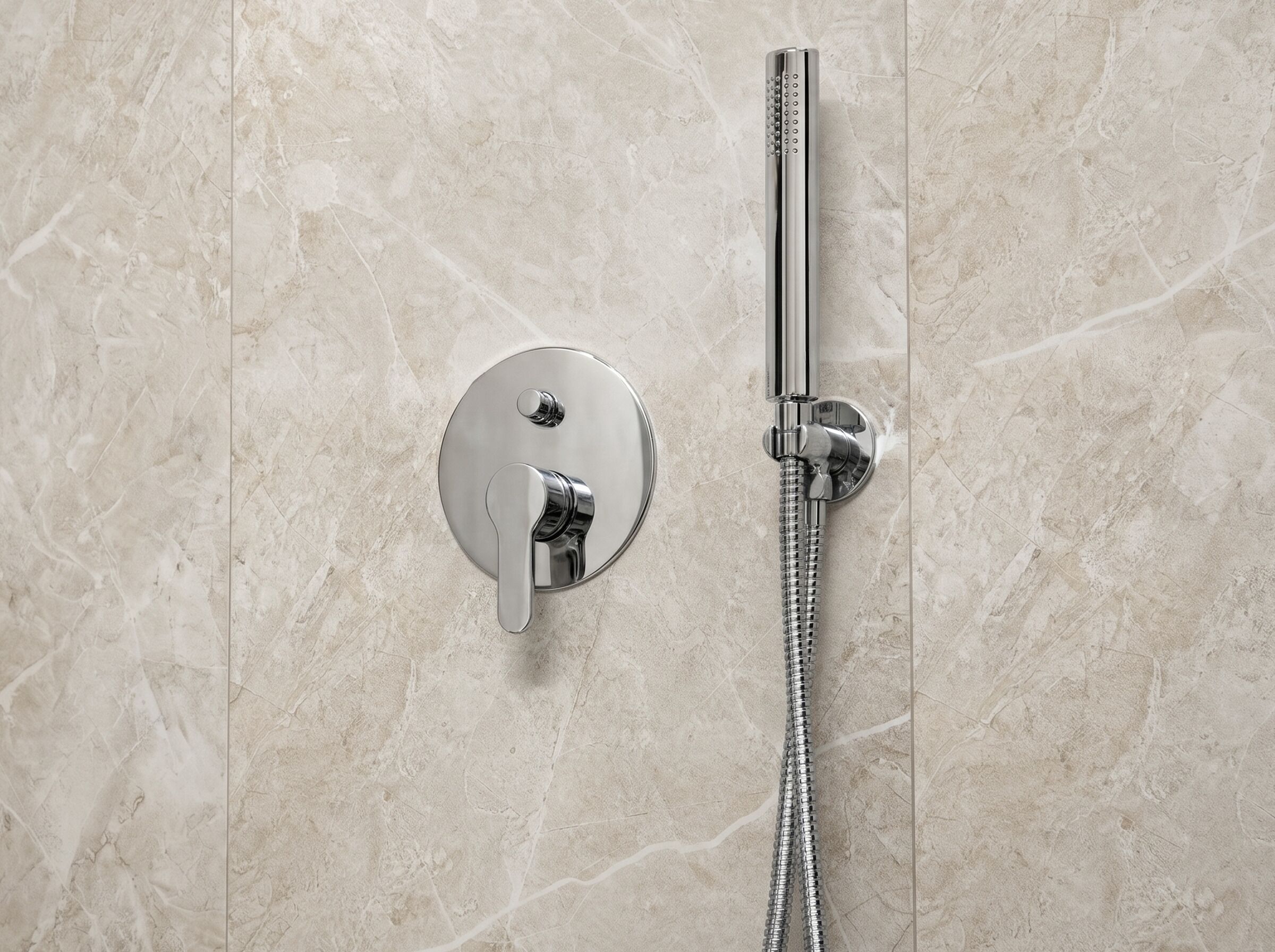 A modern shower with a handheld showerhead and a wall-mounted control panel.