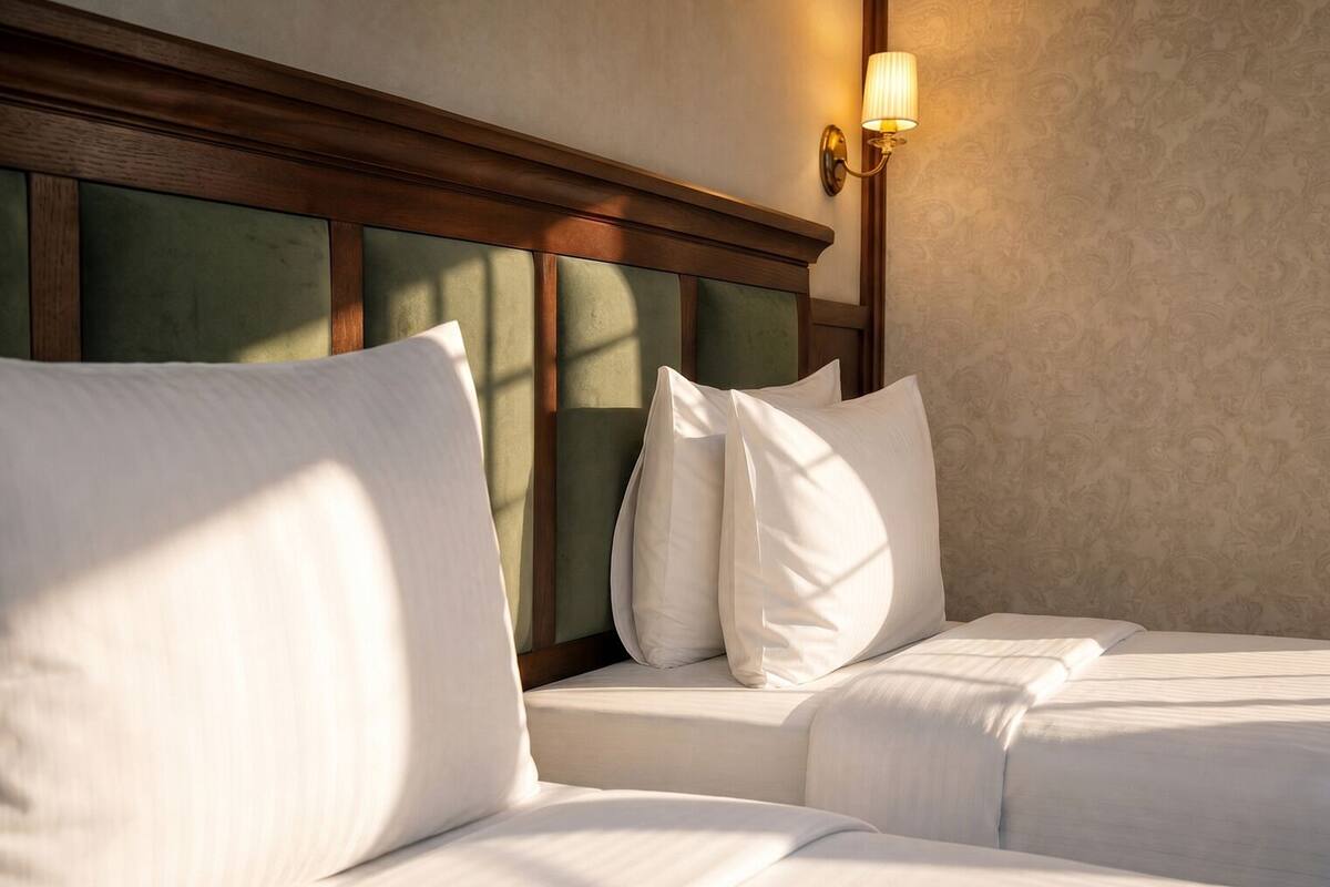A hotel room with two beds, a wooden headboard, and a wall-mounted light fixture.