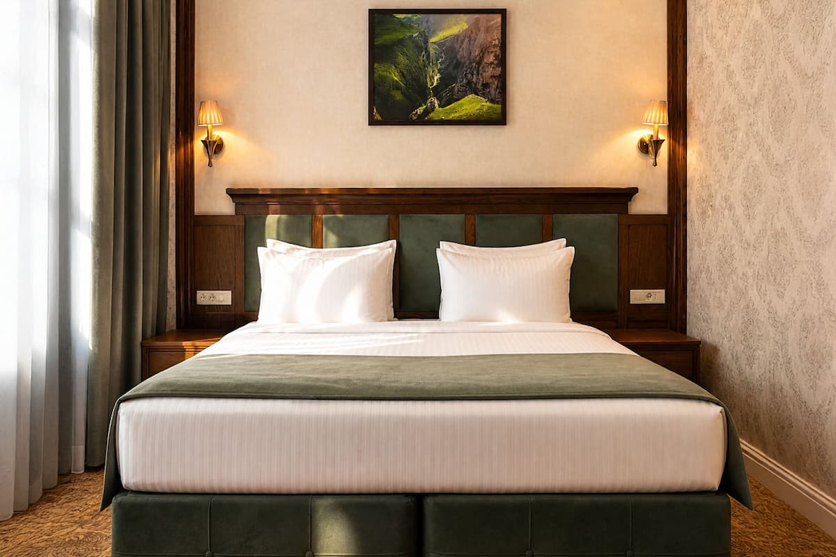 A large bed with a green upholstered headboard, two wall-mounted lamps, and a framed landscape painting above the bed.
