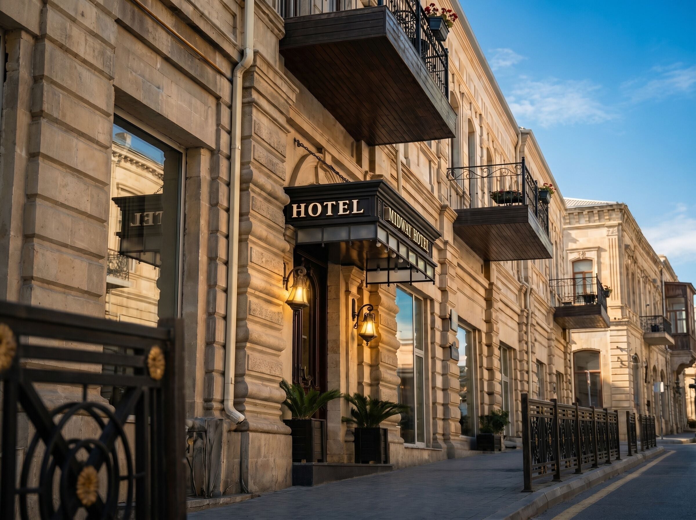 Facade d'hotel d'estil arquitectònic clàssic, amb una entrada destacada, un rètol, grans finestres i un balcó amb plantes en testos.