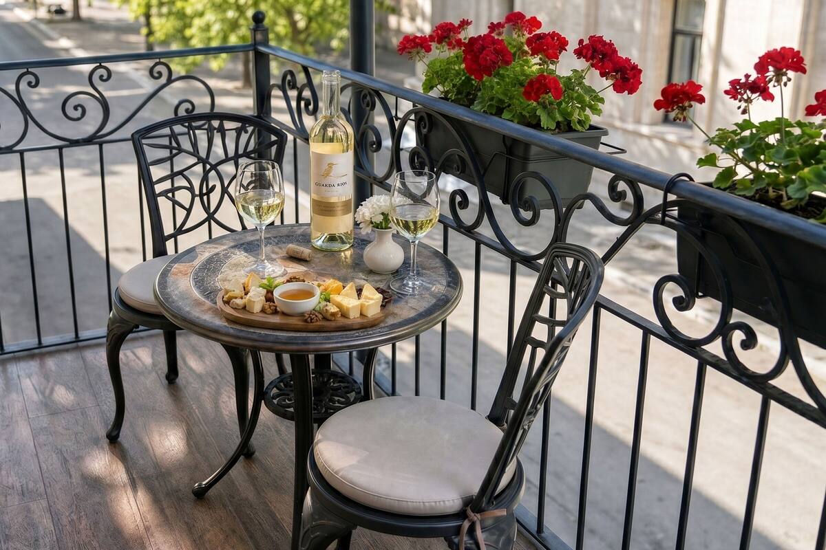 A round table with a bottle of wine, glasses, and a cheese board on a balcony with metal railings and potted red flowers.