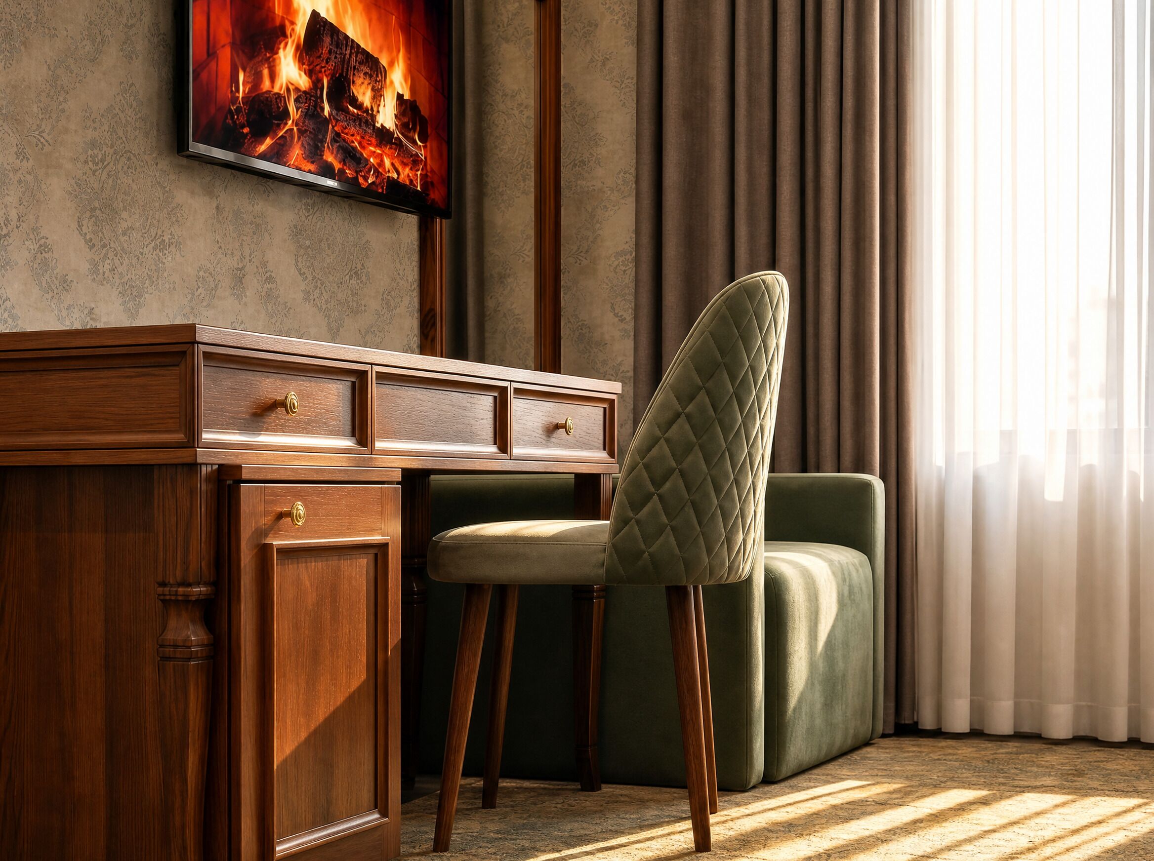 A wooden desk with drawers, a green upholstered chair, and a large framed picture of a fire on the wall.