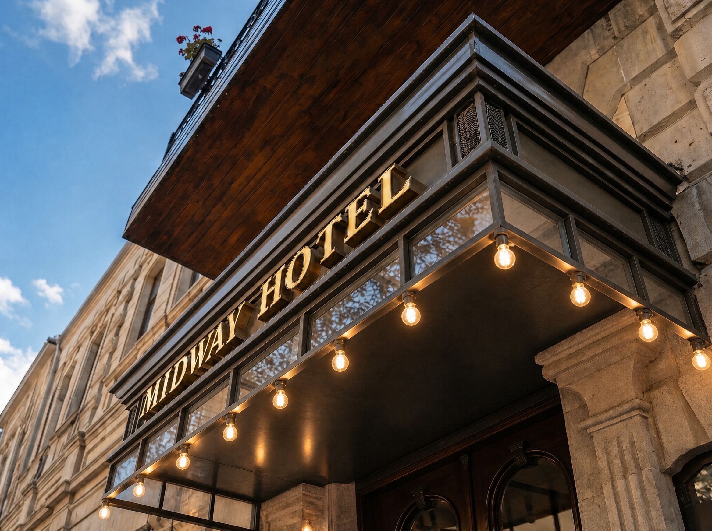 A hotel entrance with a marquee sign, large windows, and a wooden overhang.