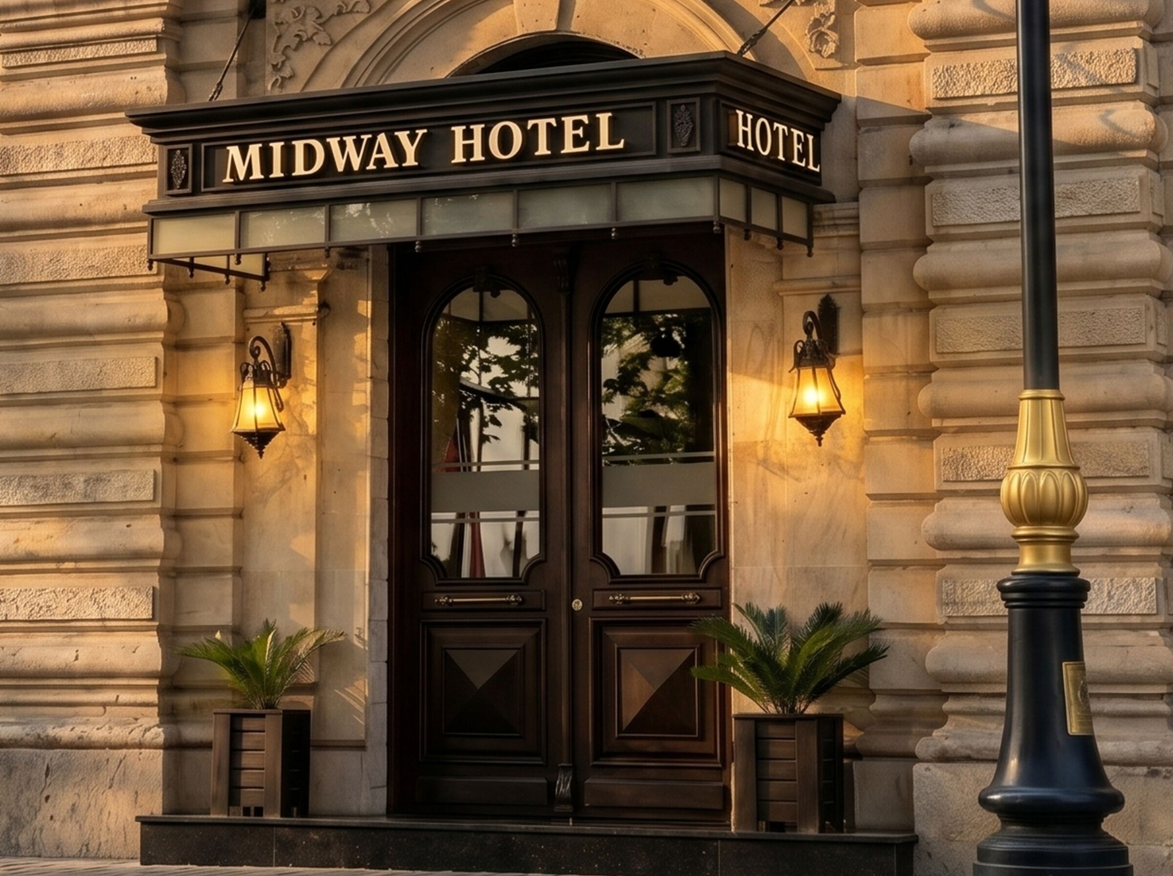 L’entrée d’un hôtel, avec une façade en bois sombre, deux plantes en pot et deux lampes fixées au mur.