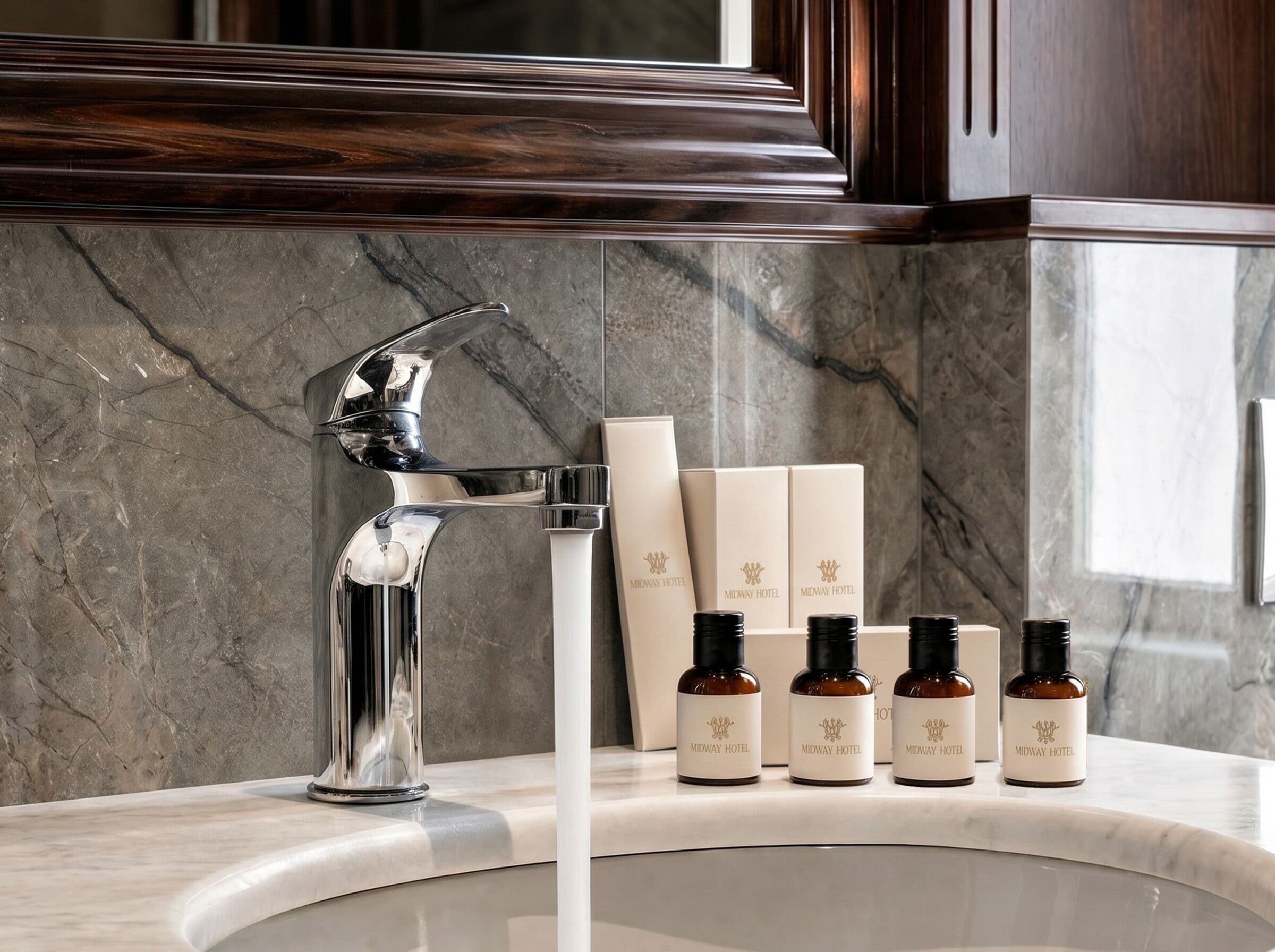 A bathroom with a modern faucet, marble walls, and a countertop with Midway Hotel branded toiletries.