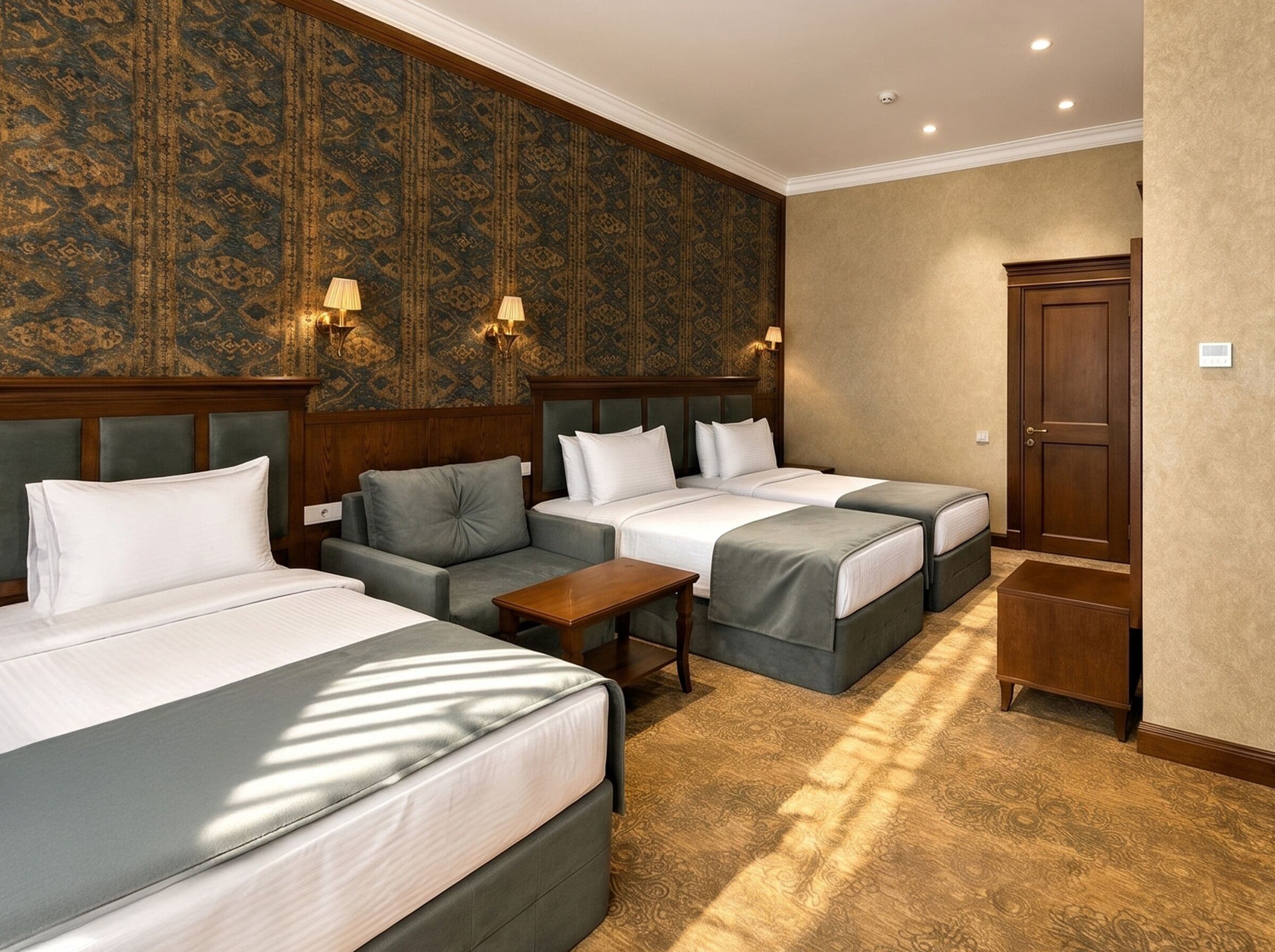 Quarto quádruplo família | Lençóis italianos Frette, roupas de cama premium, escrivaninha