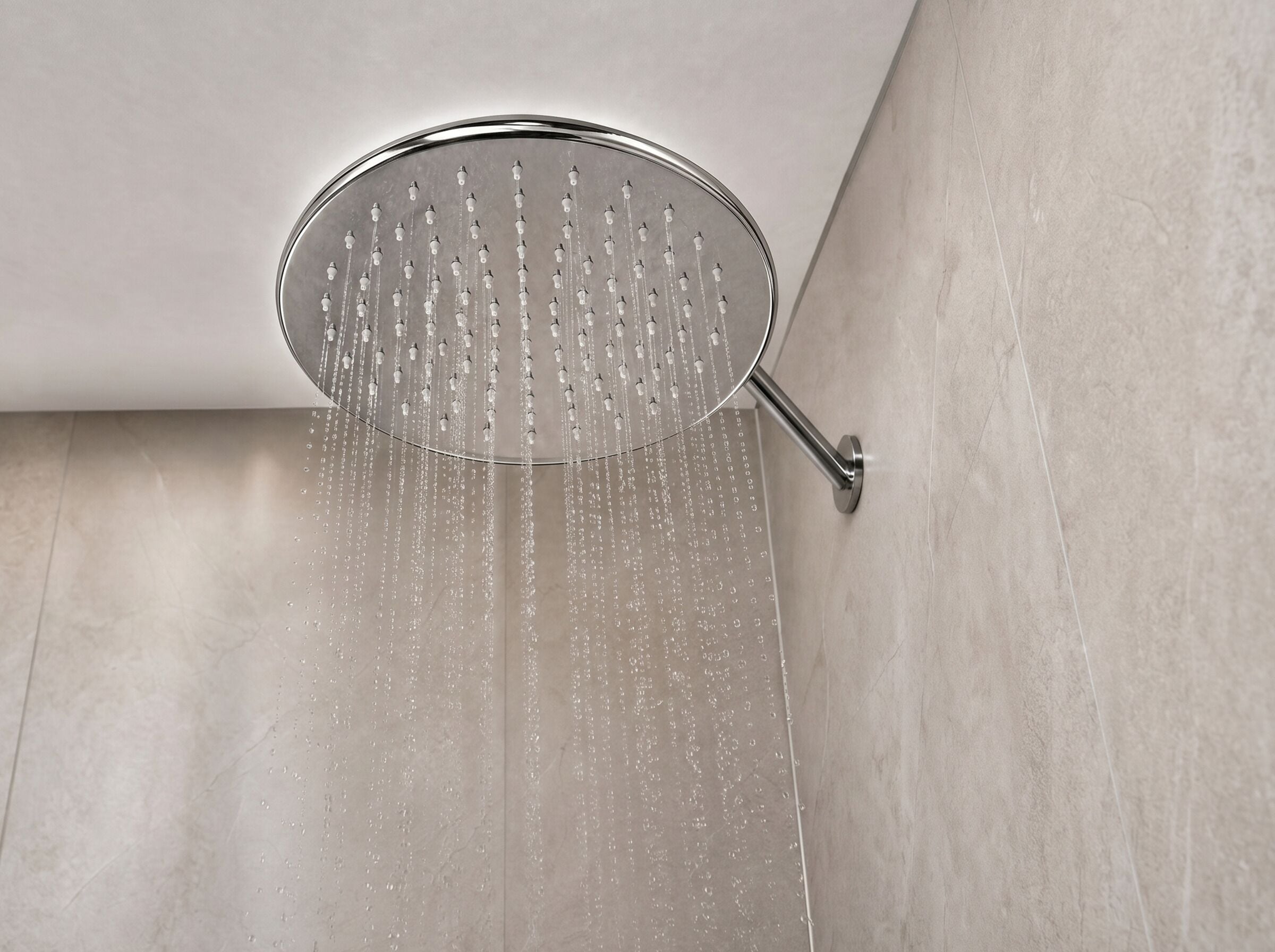 A showerhead with water flowing down a wall.