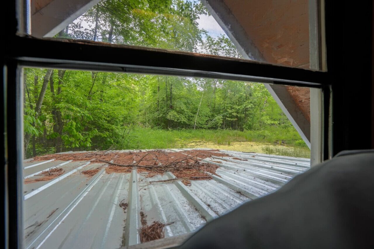 Une vue à travers une fenêtre, avec un toit en métal et un chemin de terre menant à une forêt.