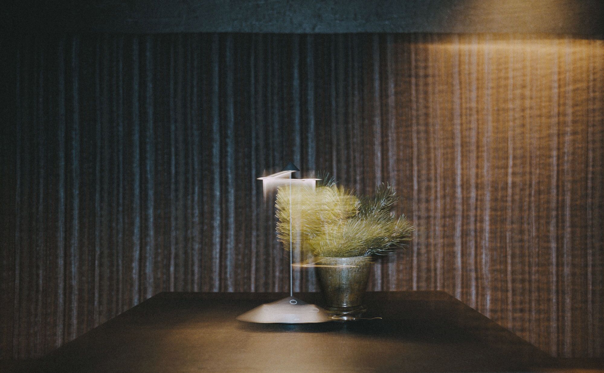 A table with a clear glass vase containing a plant and a white candle.