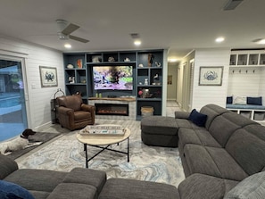 A modern living room with a fireplace, a television, and a dog.