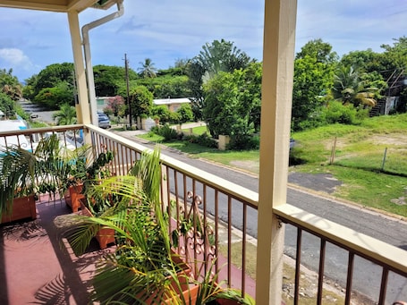 A balcony with potted plants, a view of a street with houses and greenery, and a clear sky.