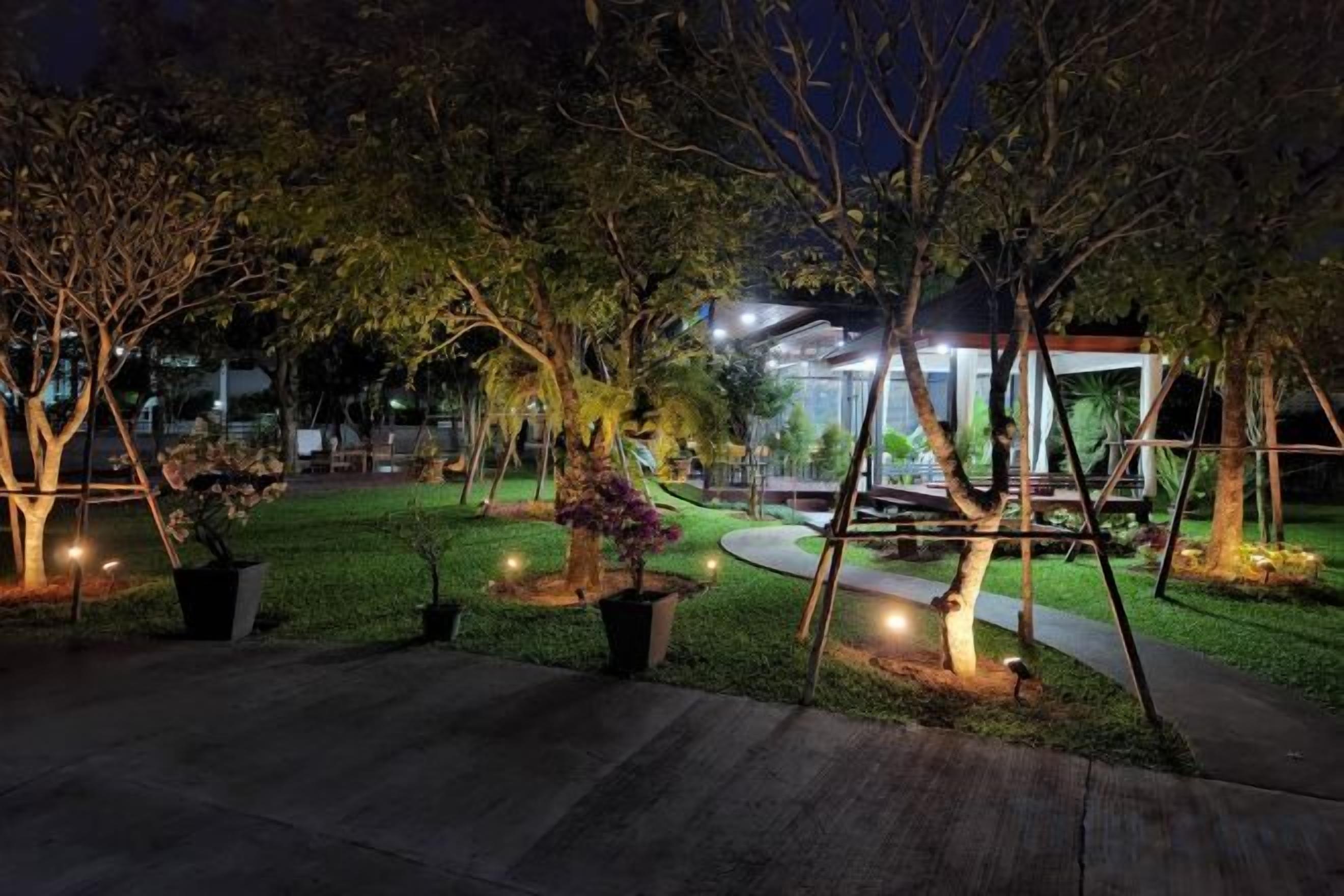 A nighttime outdoor area with trees, potted plants, and a pathway leading to a building.