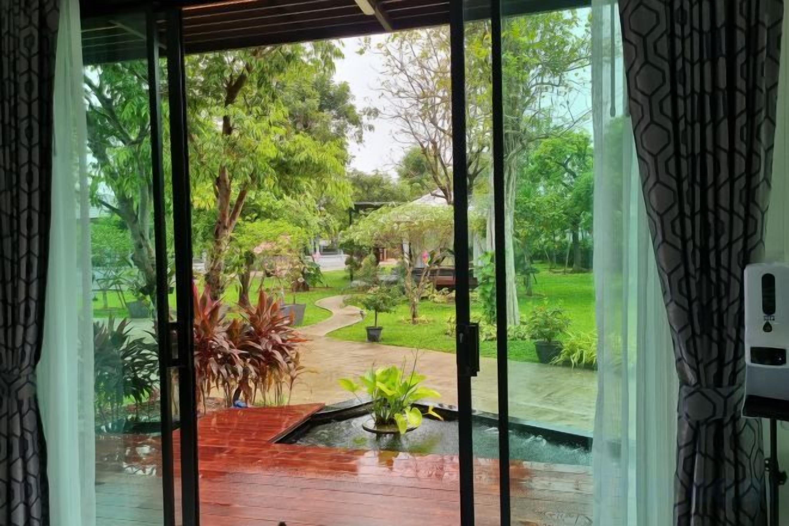 Vista a través de un ventanal a un jardín con un estanque, plantas en macetas y un sendero.