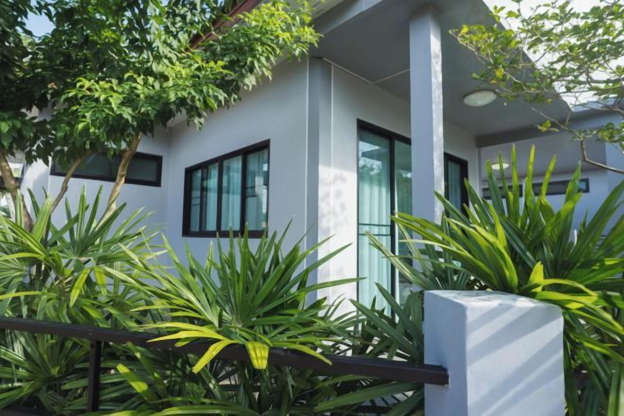 A modern building with large windows, a white facade, and lush green plants in the foreground.