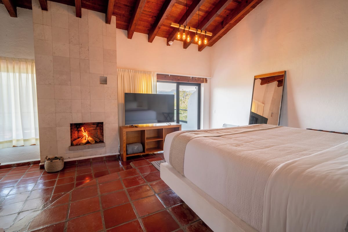 Un dormitorio con chimenea, televisor y una cama grande.