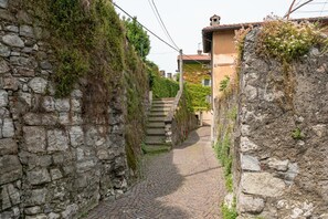 Un estrecho camino adoquinado bordeado por muros de piedra y vegetación.