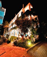 Un edificio con un árbol en primer plano, un camino pavimentado y una barandilla.