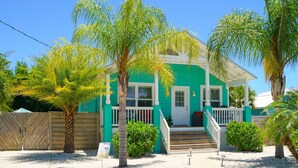 A turquoise house with a porch, surrounded by palm trees and a wooden fence.