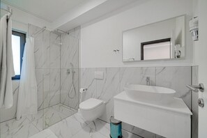 Douche, sèche-cheveux, serviettes fournies, papier toilette