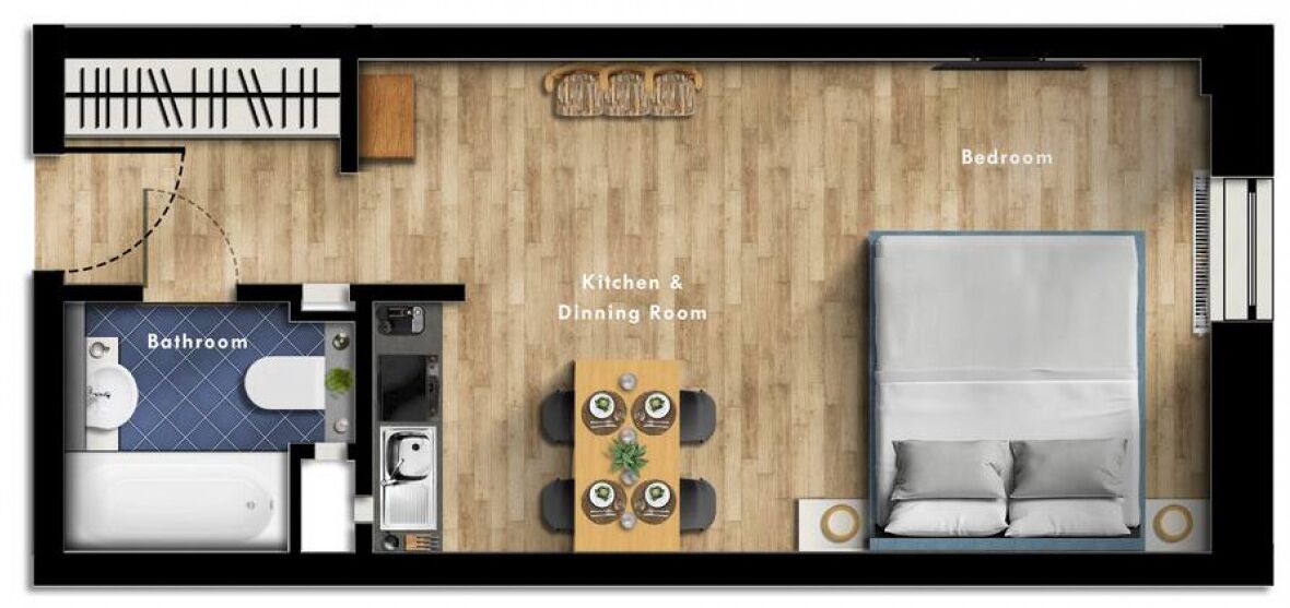 A hotel room layout with a bathroom, kitchen & dining area, and a bedroom.