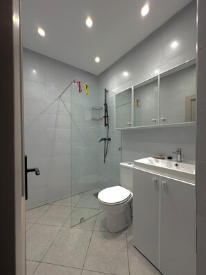 Douche, sèche-cheveux, serviettes fournies, savon