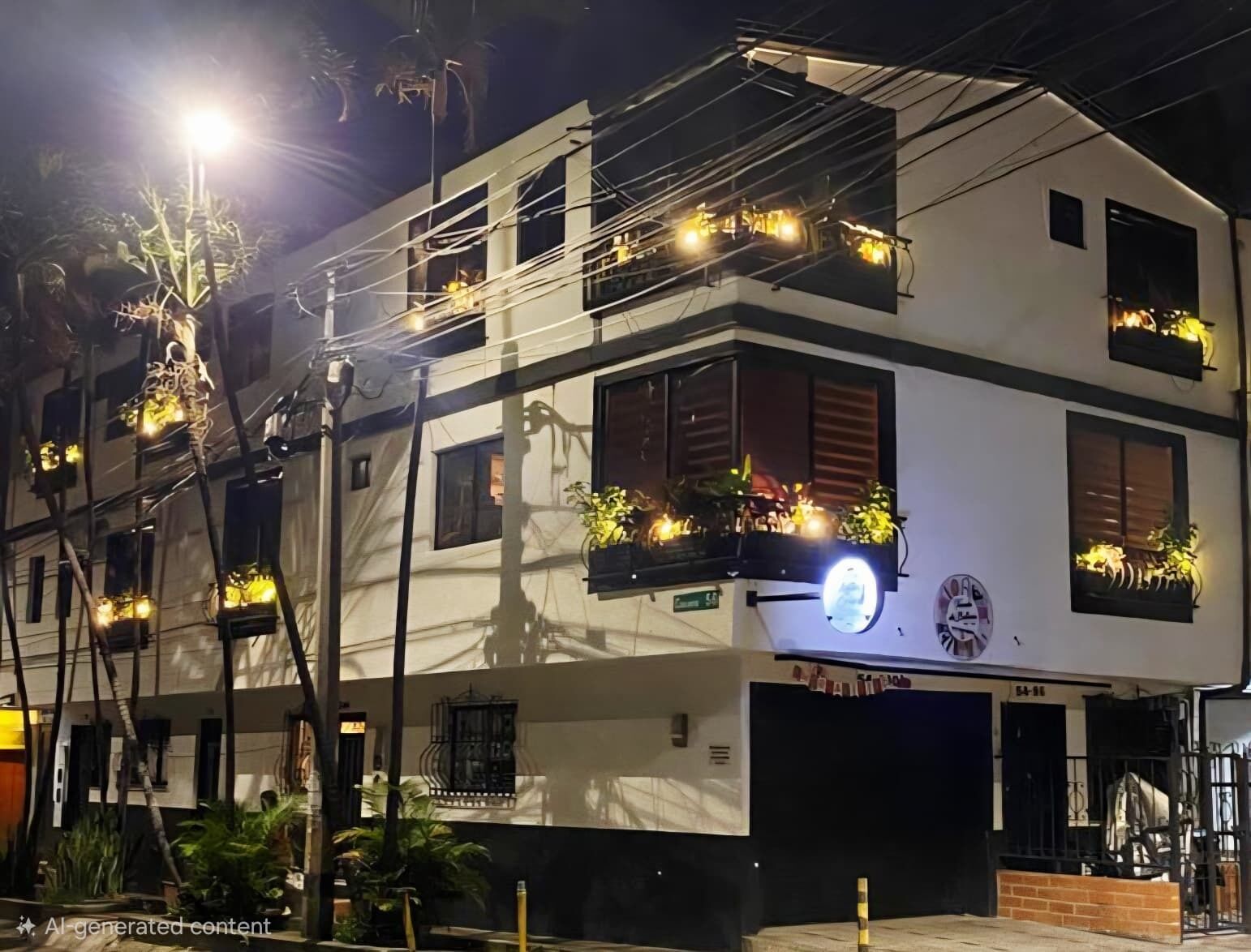 A multi-story building with balconies, outdoor lighting, and potted plants.