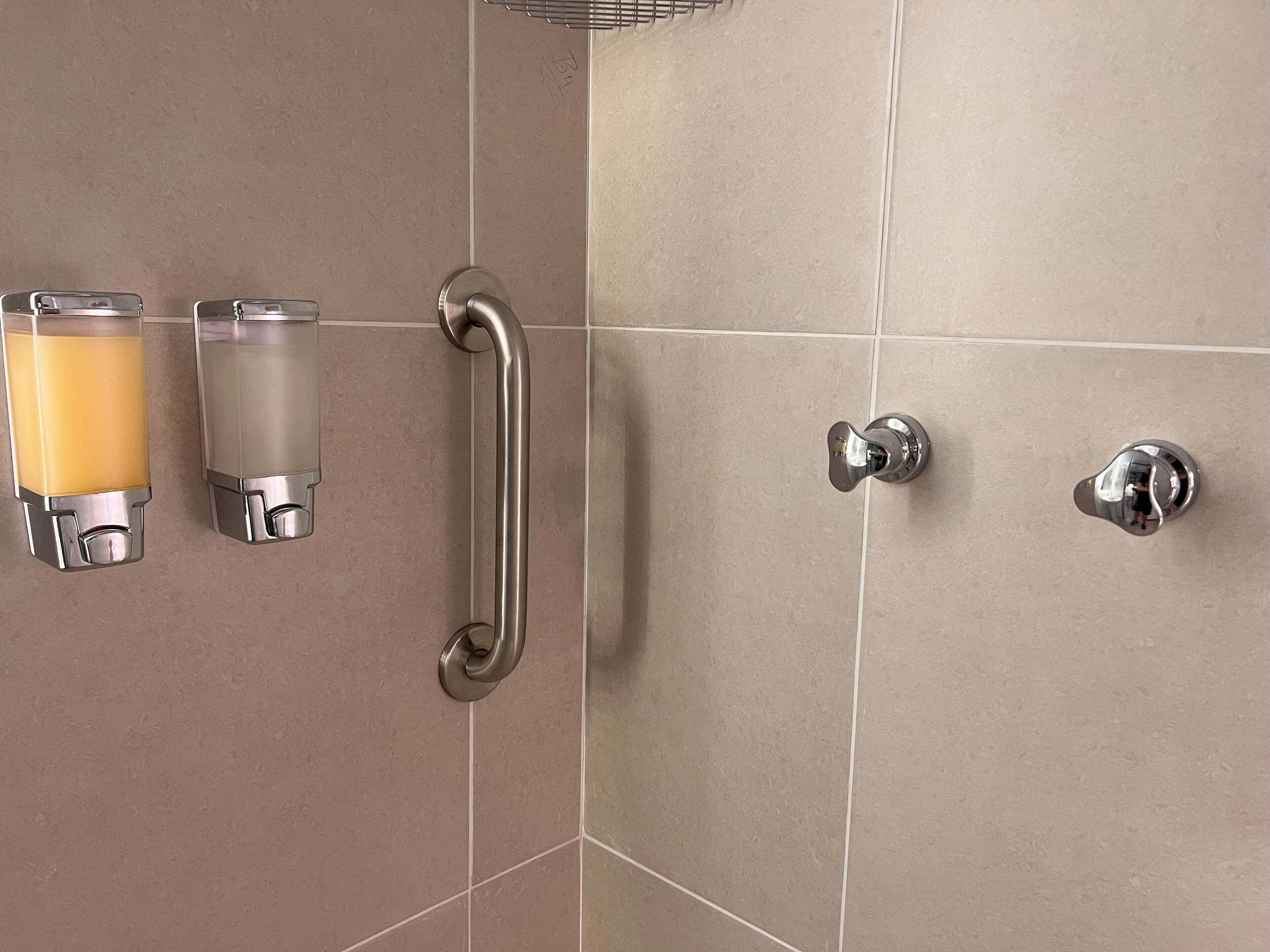 Un área de ducha con barra de apoyo, cerramiento de vidrio y dispensador de jabón en la pared.