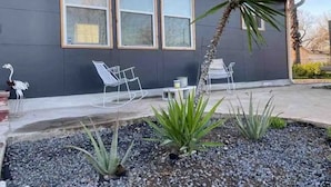 A modern house with a dark exterior, large windows, and a small garden with plants and two white chairs. - 3 Bedroom/OnSuite X-Large His & Her Dual Showers bathroom, 5 min to Downtown, Free Large Gated Parking (San Antonio)