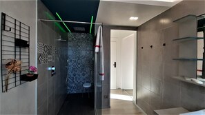 Shower, hair dryer, bidet, towels