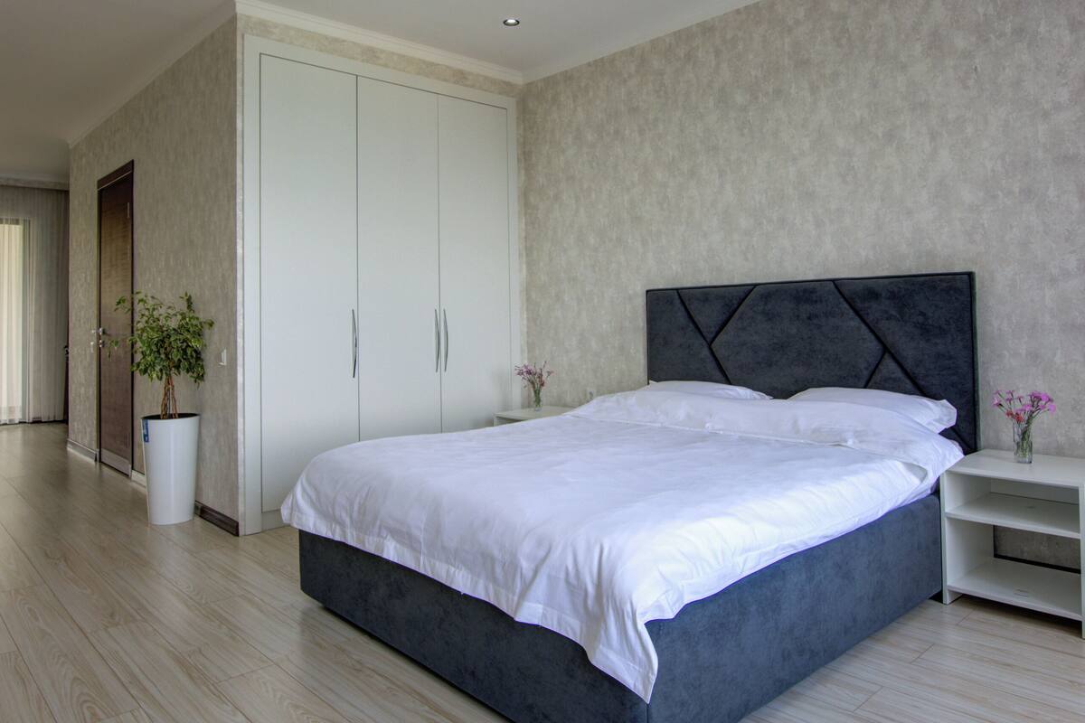 A modern bedroom with a large bed, a wardrobe, and a potted plant.