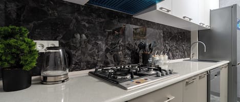 Fridge, microwave, dishwasher, electric kettle