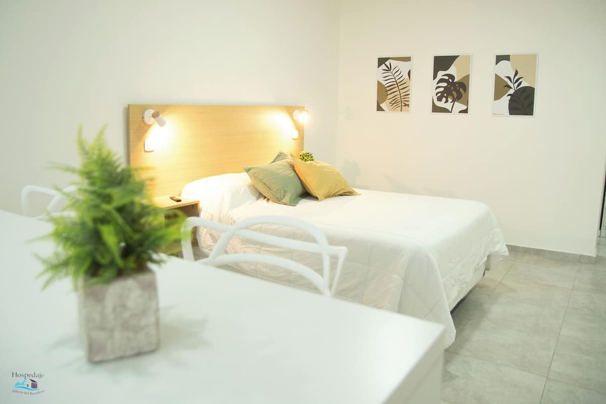 A hotel room with a bed, bedside table, and a potted plant.