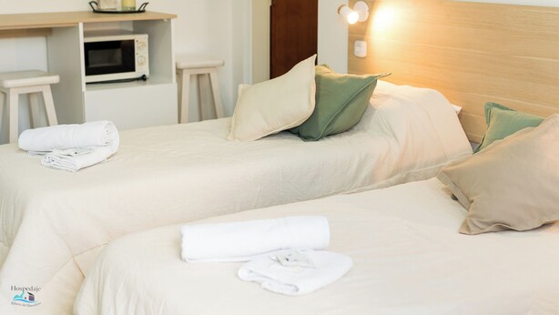 Een hotelkamer met twee bedden, elk voorzien van een opgerolde handdoek en kussens. Er staat een klein tafeltje met een plant en een magnetron.