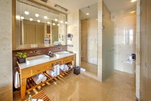 Hair dryer, towels, soap, shampoo