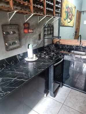 Fridge, microwave, stovetop, blender