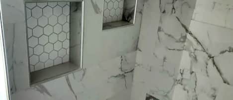 Shower, towels, soap, shampoo