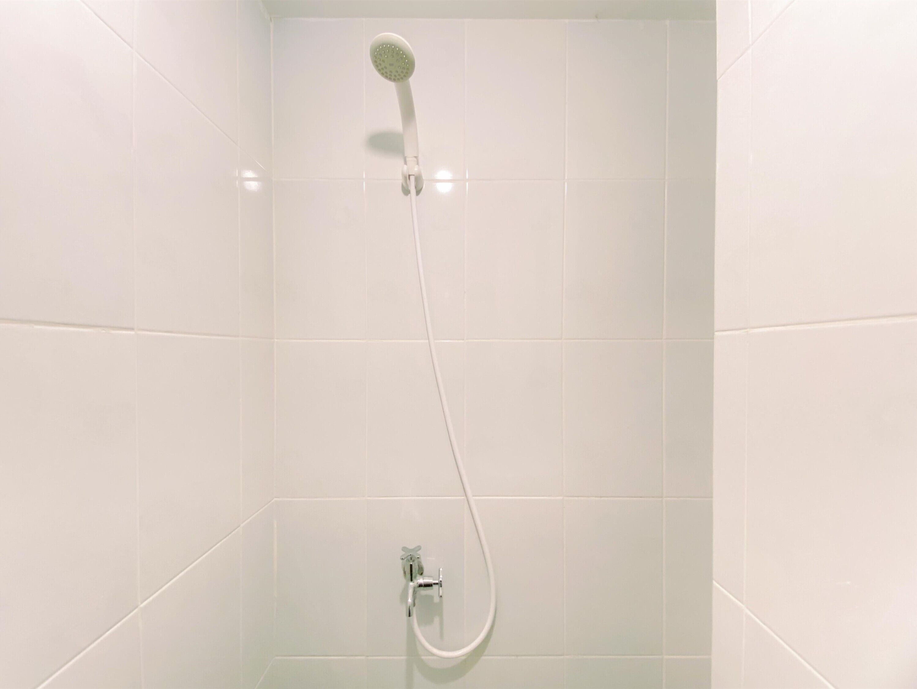 A shower with a handheld showerhead and a wall-mounted faucet.