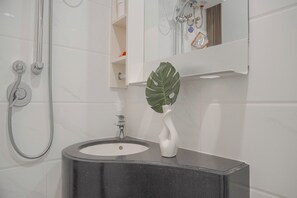 Bathroom features a sink, handheld showerhead, and a plant in a vase.