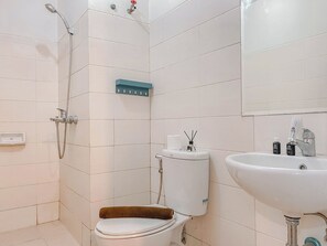 Bathroom features a toilet, sink, and showerhead.