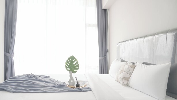 Ein modernes Hotelzimmer mit einem großen Bett, einem Nachttisch mit Pflanze und transparenten Vorhängen.