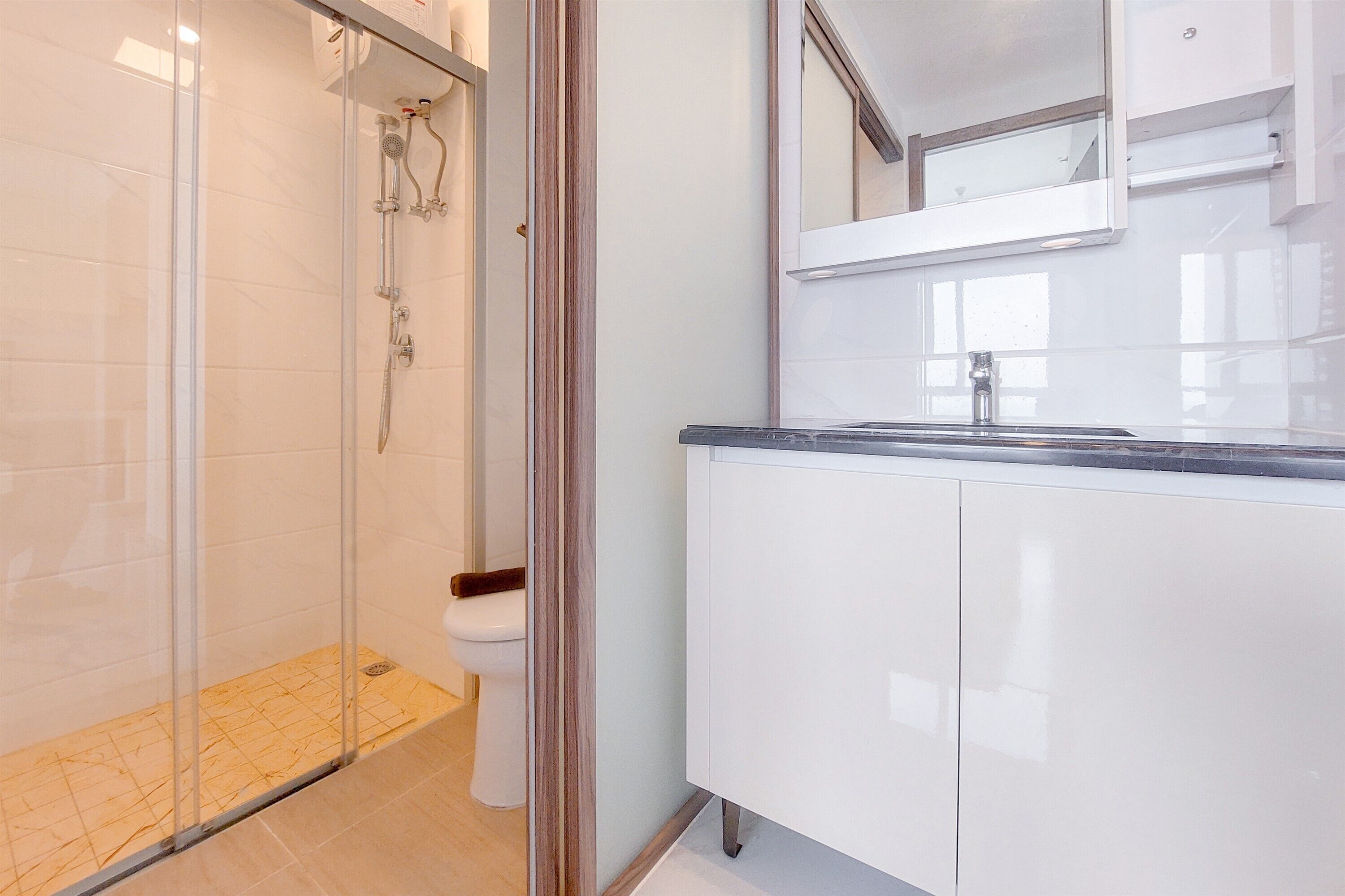 A modern bathroom with a glass-enclosed shower, a white toilet, and a vanity with a mirror.