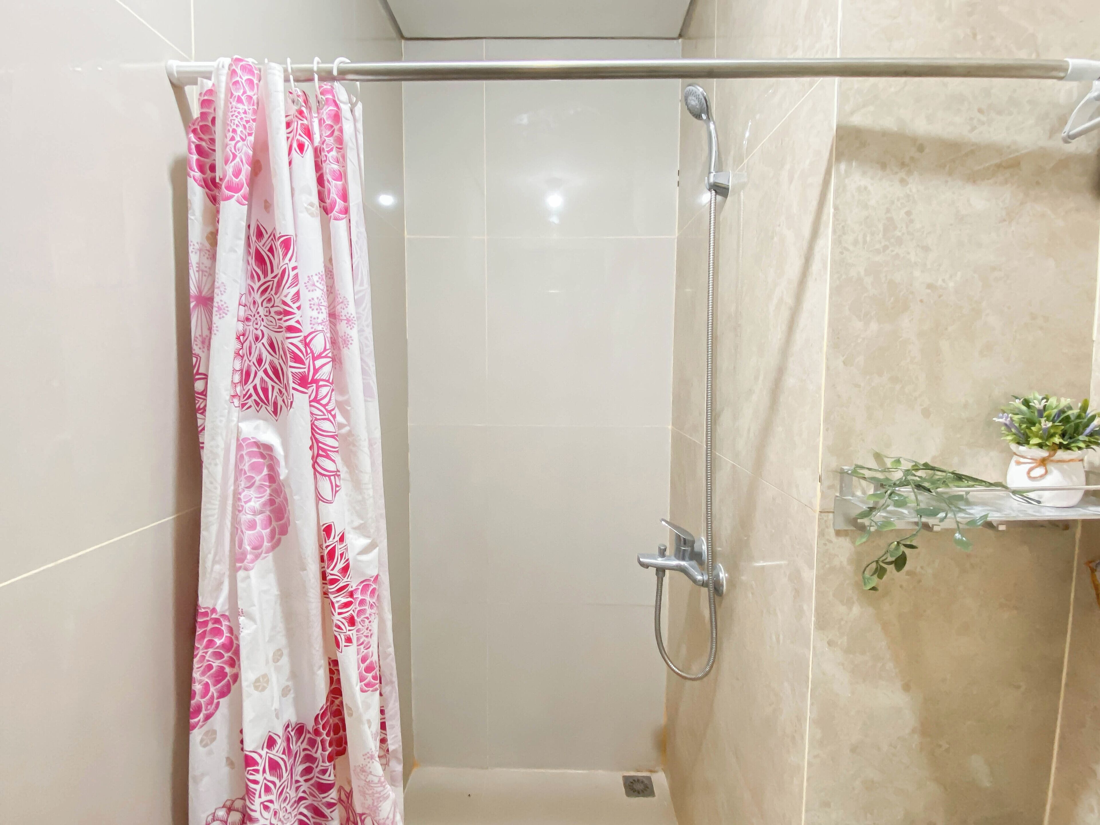 A shower area with a glass door, a showerhead, and a potted plant on a shelf.