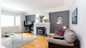 Smart TV, fireplace, books