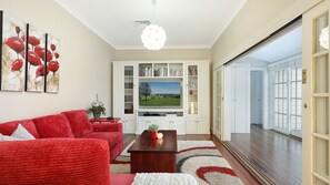 Smart TV, fireplace, books