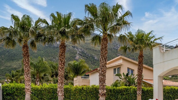 A swimming pool with lounge chairs, palm trees, and a mountain backdrop. - Villa Jacqueline con Piscina Privata 8 Posti Letto (Castellammare del Golfo)