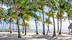 A beach with palm trees, a thatched-roof structure, and a boat in the background. - Villas De Isla Bonita -D2 (San Pedro)