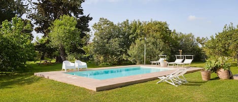 Una piscina rectangular con una solana empavedada, rodeada por un césped cuidado y árboles.