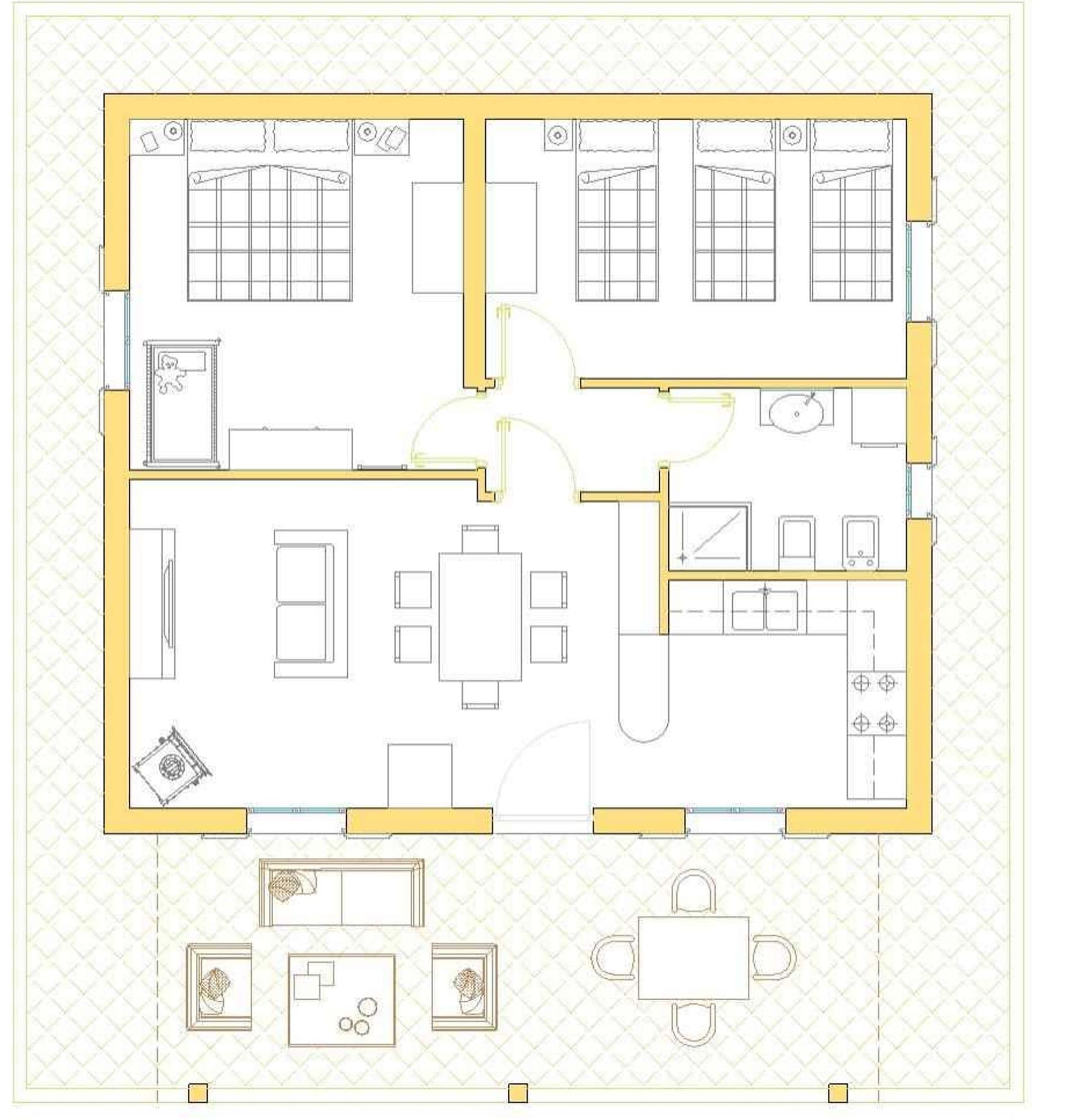 Plano de planta que muestra un comedor, cocina y dos baños.