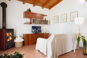 A cozy living room with a wood-burning stove, a TV on a wooden cabinet, and a comfortable sofa. - Giardino di Limoni Eco Friendly Villa (Noto)